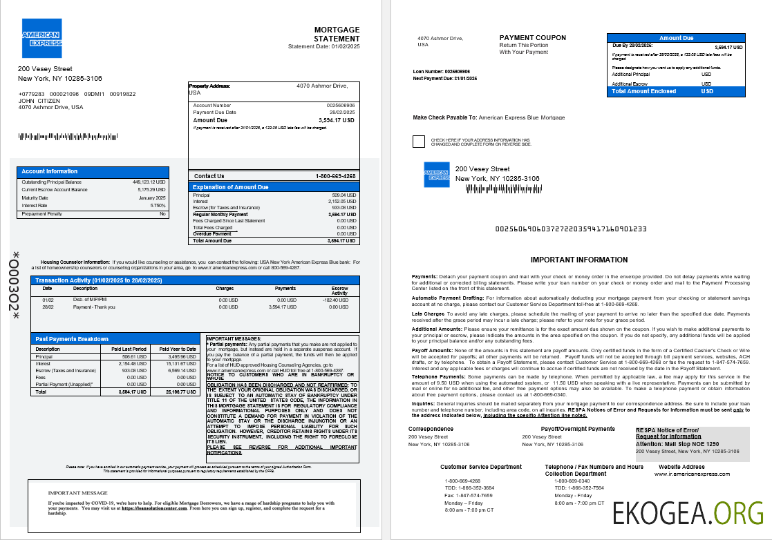 États , Unis New York American Express Blue Bank Relevé hypothécaire aux formats Word et PDF 1 , 2